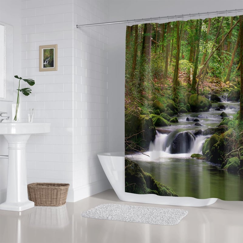 ZXMBF Nature Shower Curtain Flowing Stream Forest Waterfall Natural Landscape Green Trees Jungle Mossy Rocks Themed Scenery Waterproof Fabric Bathroom Decor 72x72 Inch Plastic Hooks 12PCS - Image 5